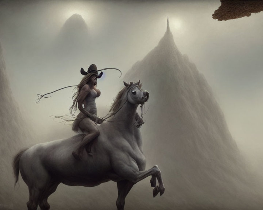 Cowgirl riding rearing gray horse in misty mountain landscape