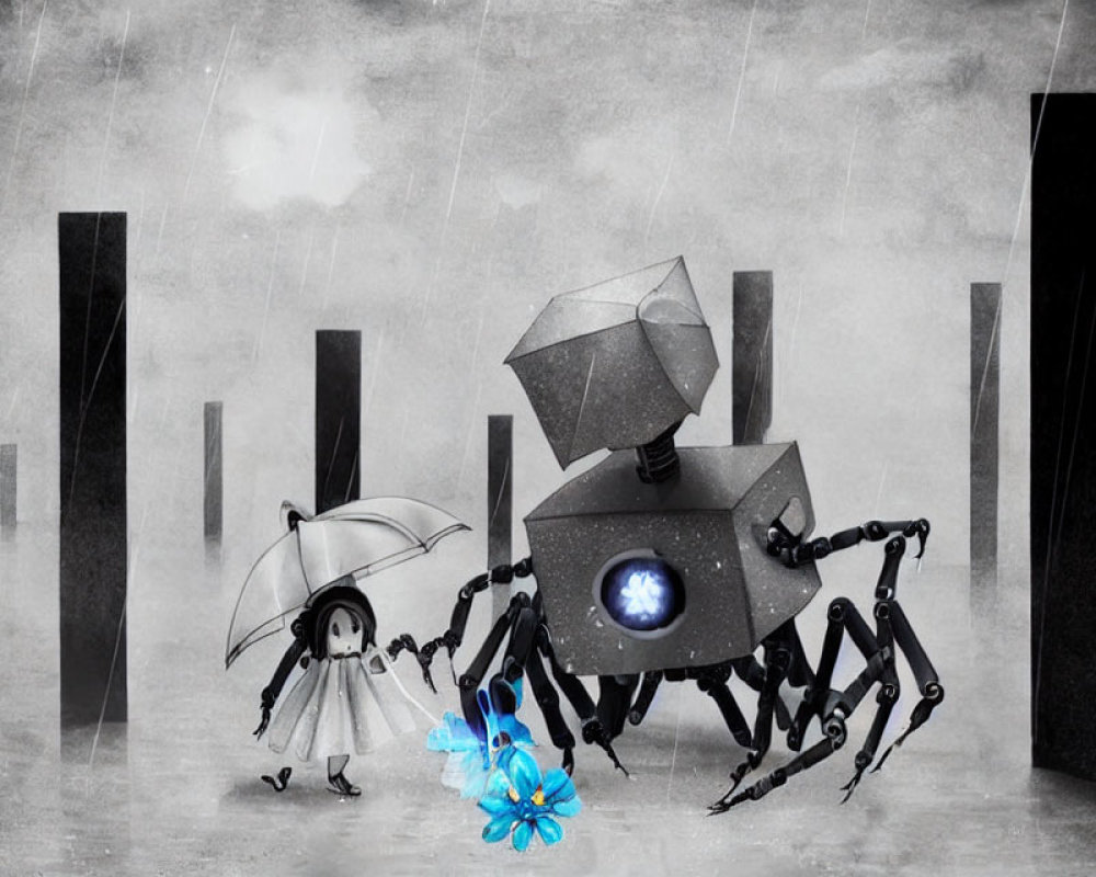 Girl with umbrella walks next to spider-like robot in rainy cityscape with blue flower.