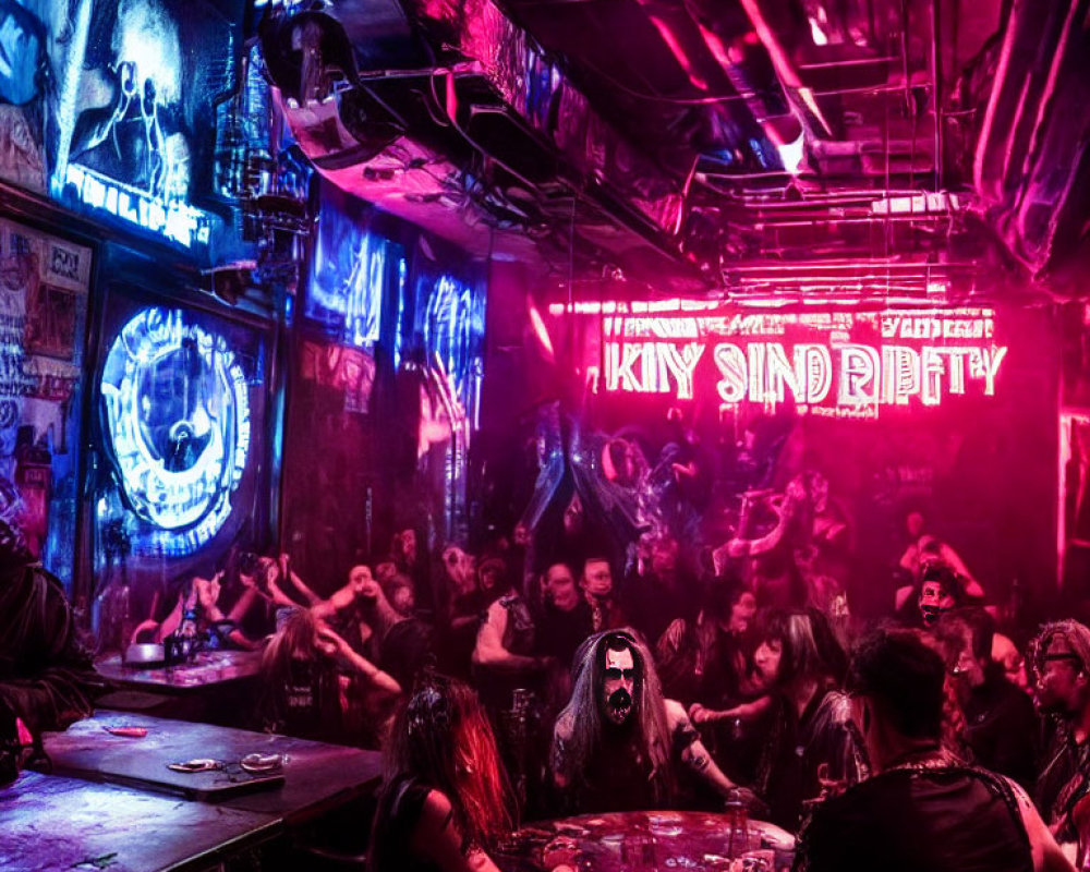 Dimly-lit Bar with Neon Signs and Heavy Metal Vibe