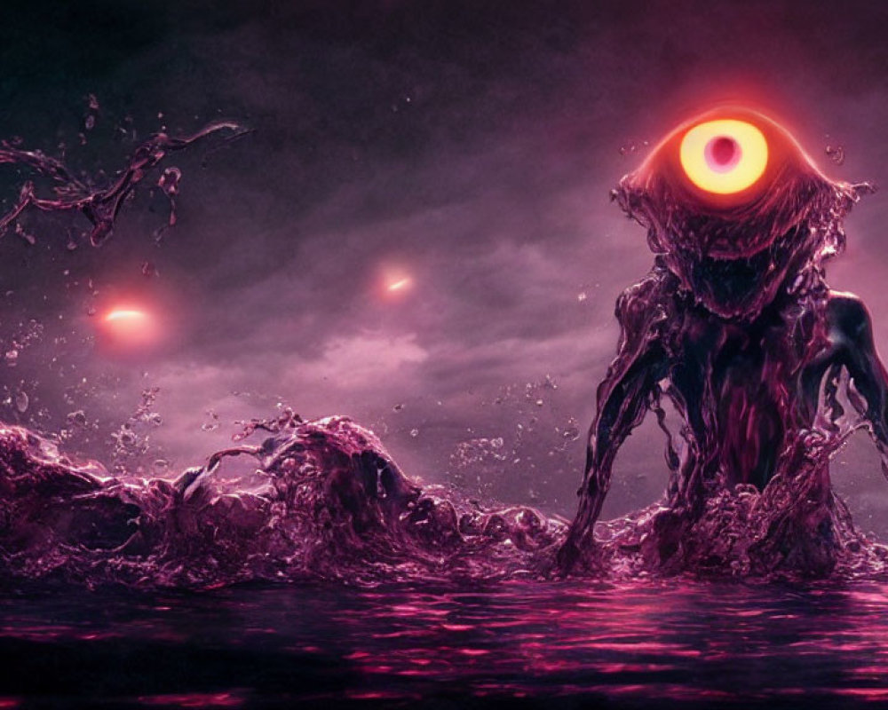 Single-eyed fantasy creature emerges from dark waters under purple sky with glowing entities in distance