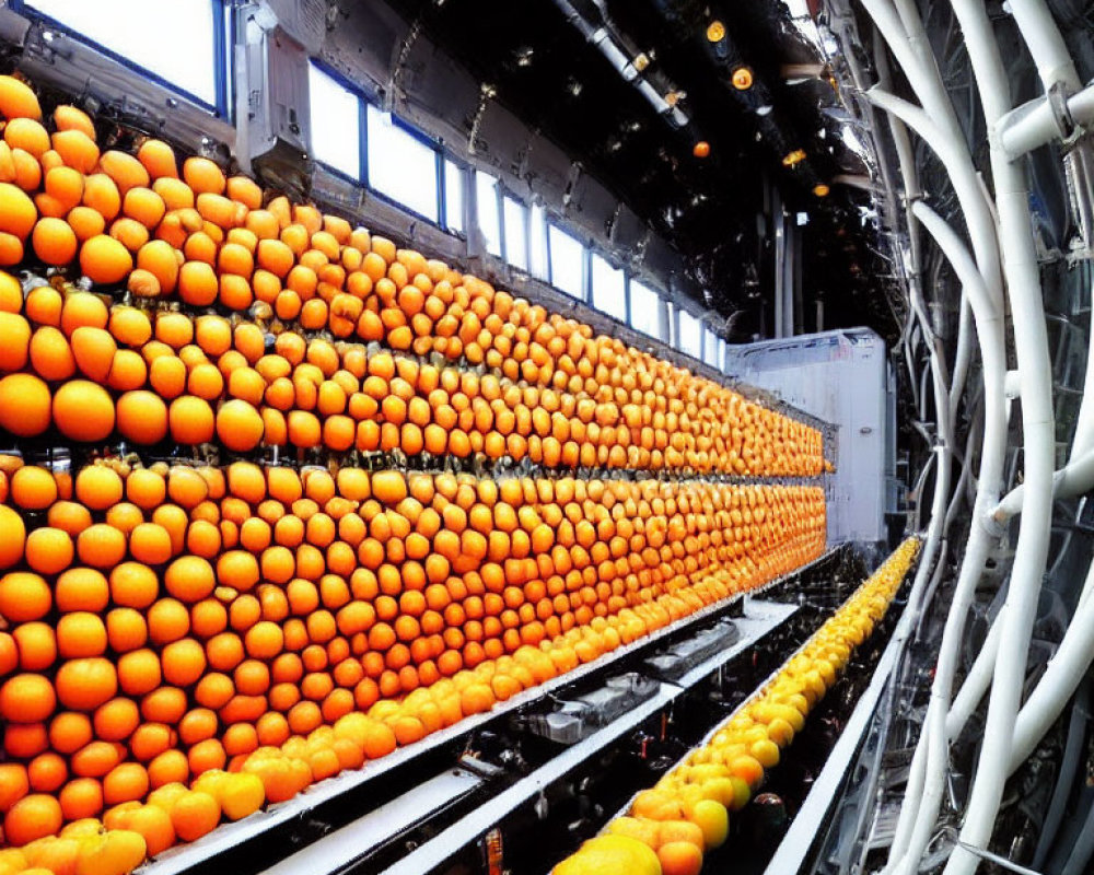 Conveyor Belt with Oranges in Citrus Packing Facility