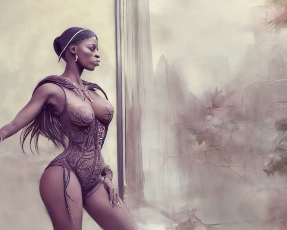 Futuristic female character with cybernetic enhancements in misty setting