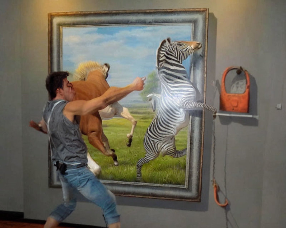 Man jumps into 3D painting of lion chasing zebra