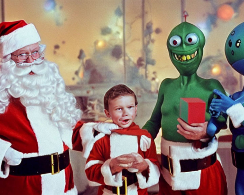 Festive scene with Santa, child, and alien characters holding presents