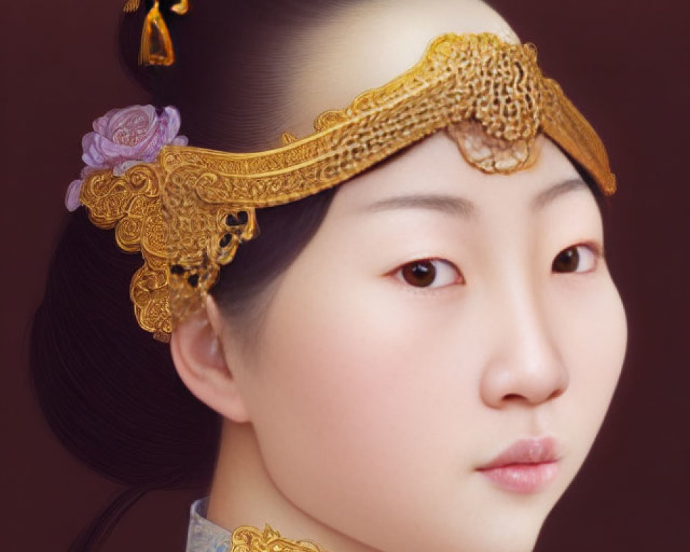 Traditional Asian woman portrait with golden headpiece on burgundy background