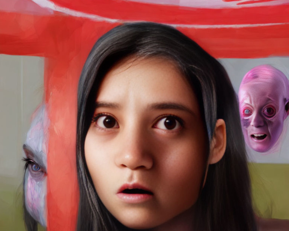 Startled young woman with surreal faces and abstract red shapes.