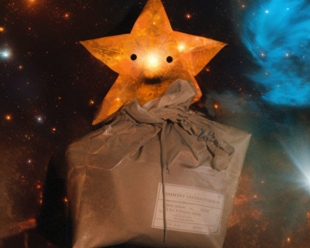 Star-shaped figure on crinkly paper against cosmic background