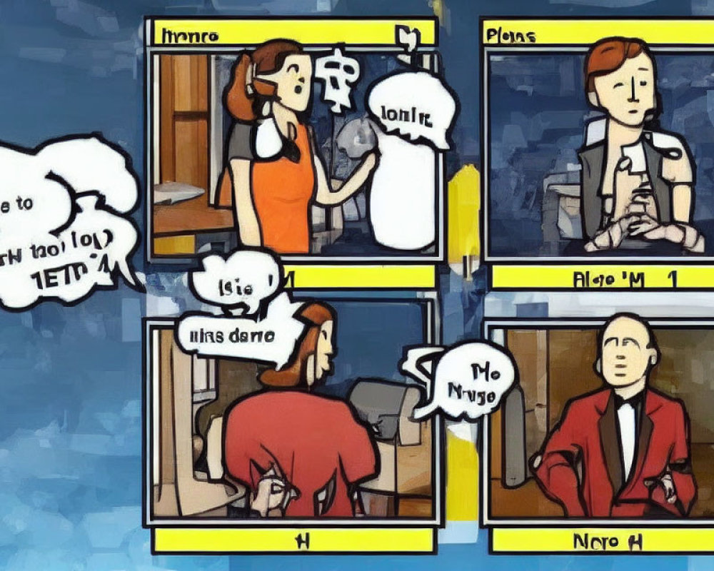 Four-panel comic strip with characters speaking unintelligible text symbols, showing confusion.