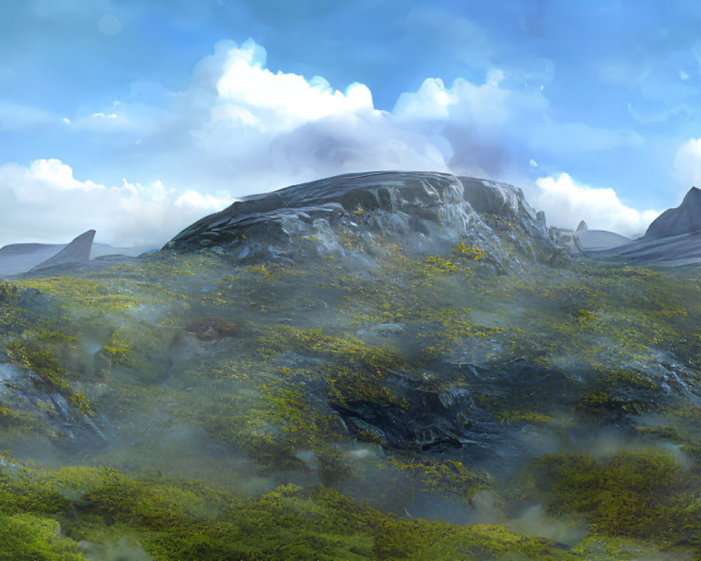 Lush green hills and rocky outcrops under a clear sky with a flying machine.