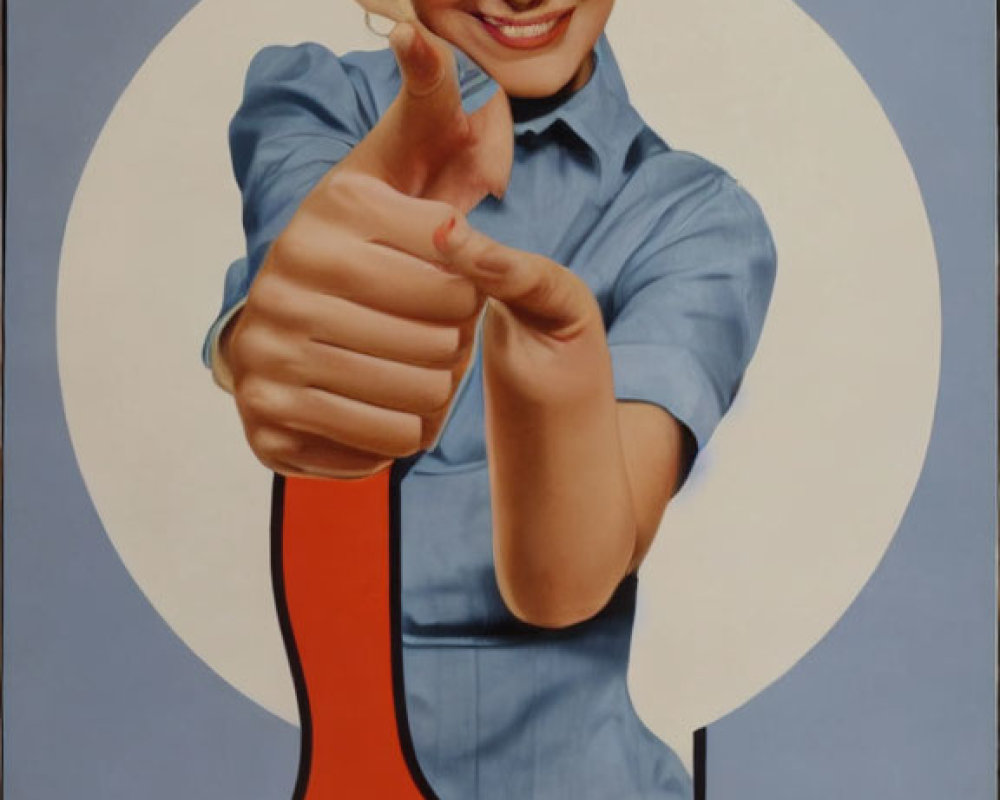 Vintage Style Poster: Smiling Woman with Thumbs Up on Red and Blue Background