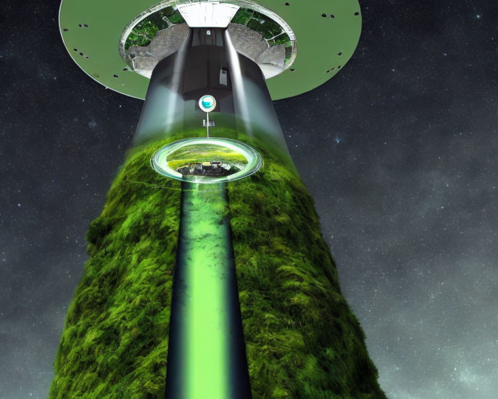 Futuristic cylindrical space station with grass exterior and glowing green entrance ramp