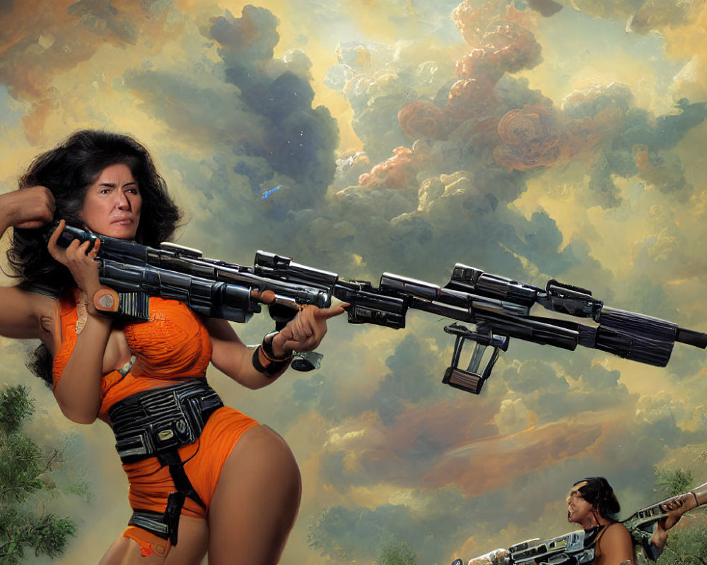 Woman in orange outfit with futuristic rifle against dramatic sky & distant figure