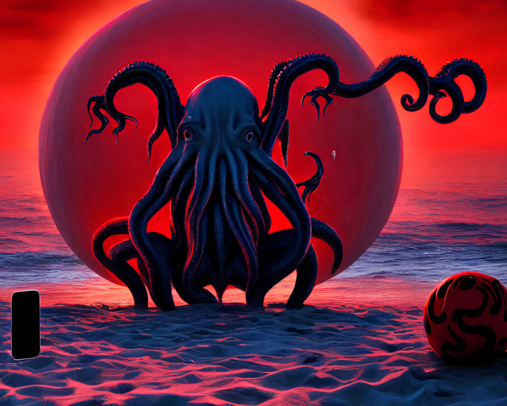 Giant octopus on beach at sunset with red and patterned spheres