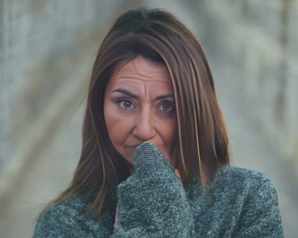 Long-haired woman in teal sweater with hand to mouth, appearing thoughtful or concerned