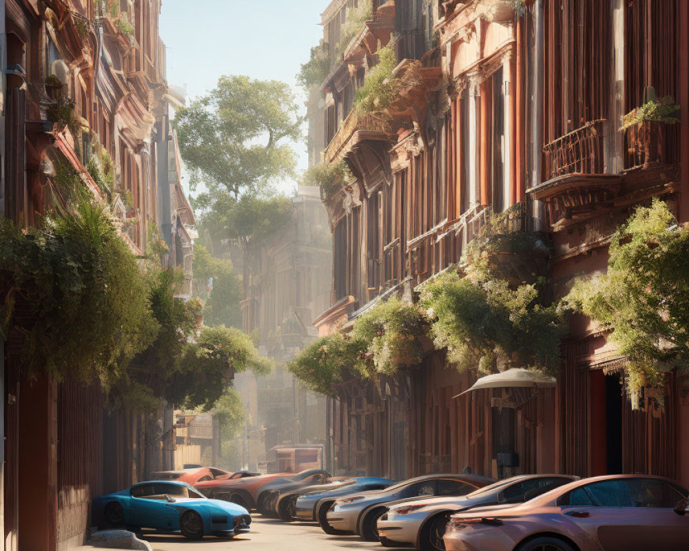 Serene street with classical buildings and modern cars parked.