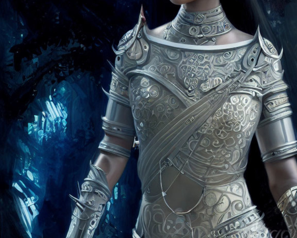 Poised woman in ornate silver armor with intricate designs in dark, blue-toned forest holding white