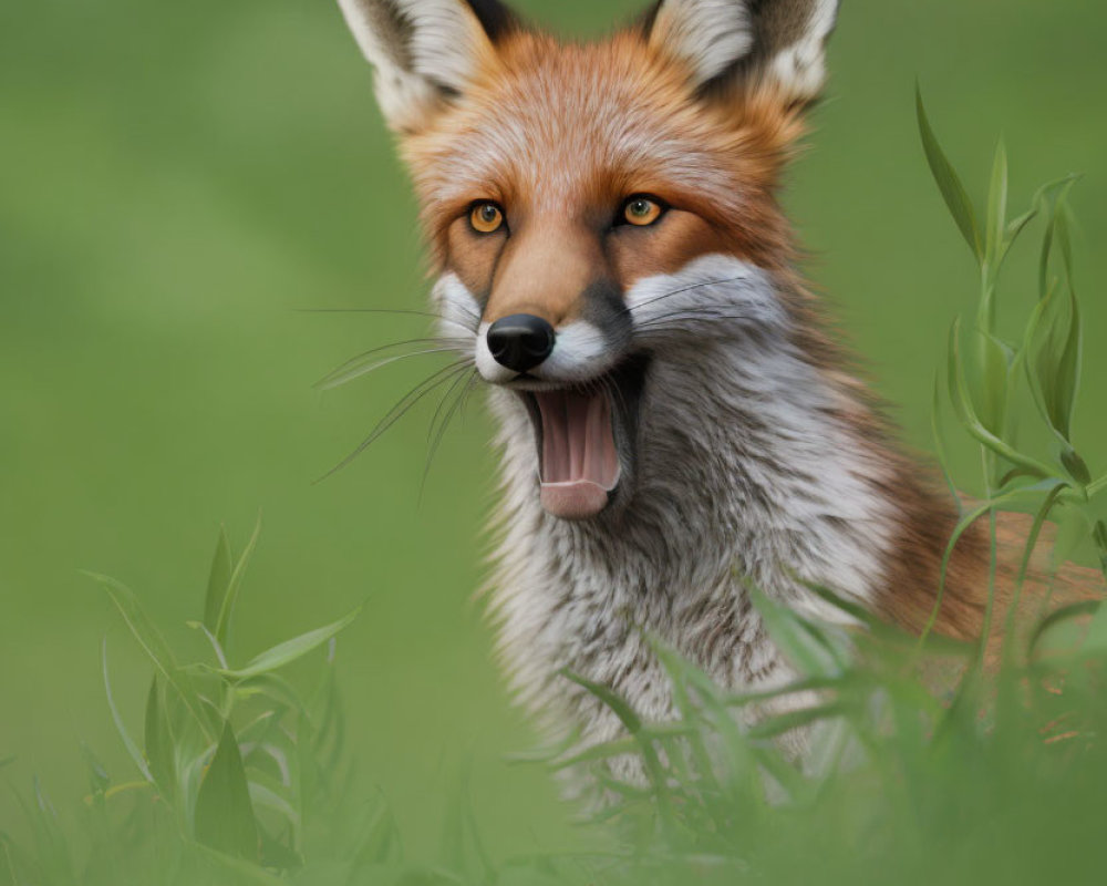 Vibrant red fox in green foliage with pointed ears and tongue out