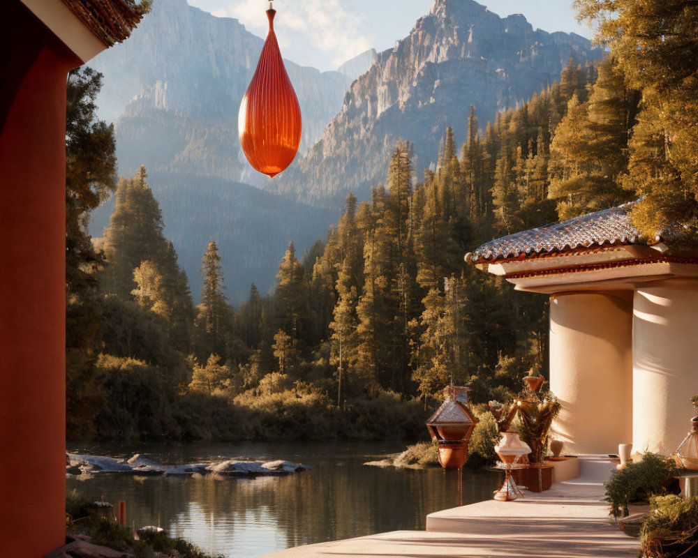 Tranquil lakeside view with elegant building, teardrop lantern, and majestic mountains.