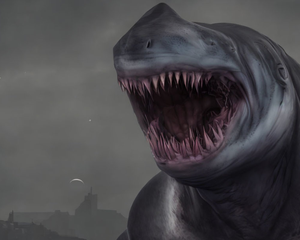 Menacing giant shark with open mouth and sharp teeth in gloomy sky with crescent moon and town