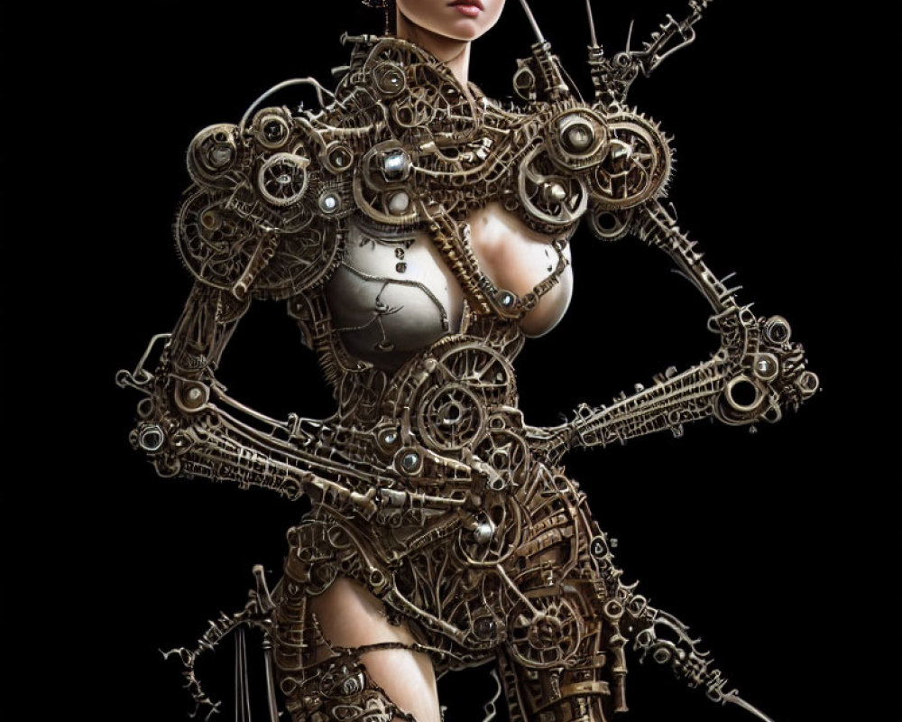 Digital artwork of a woman with clockwork mechanical armature