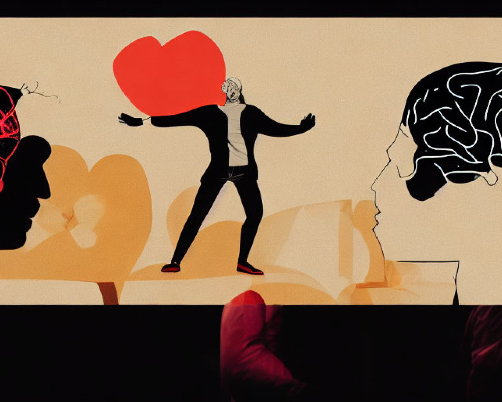 Person balancing on tightrope between heart and brain heads.