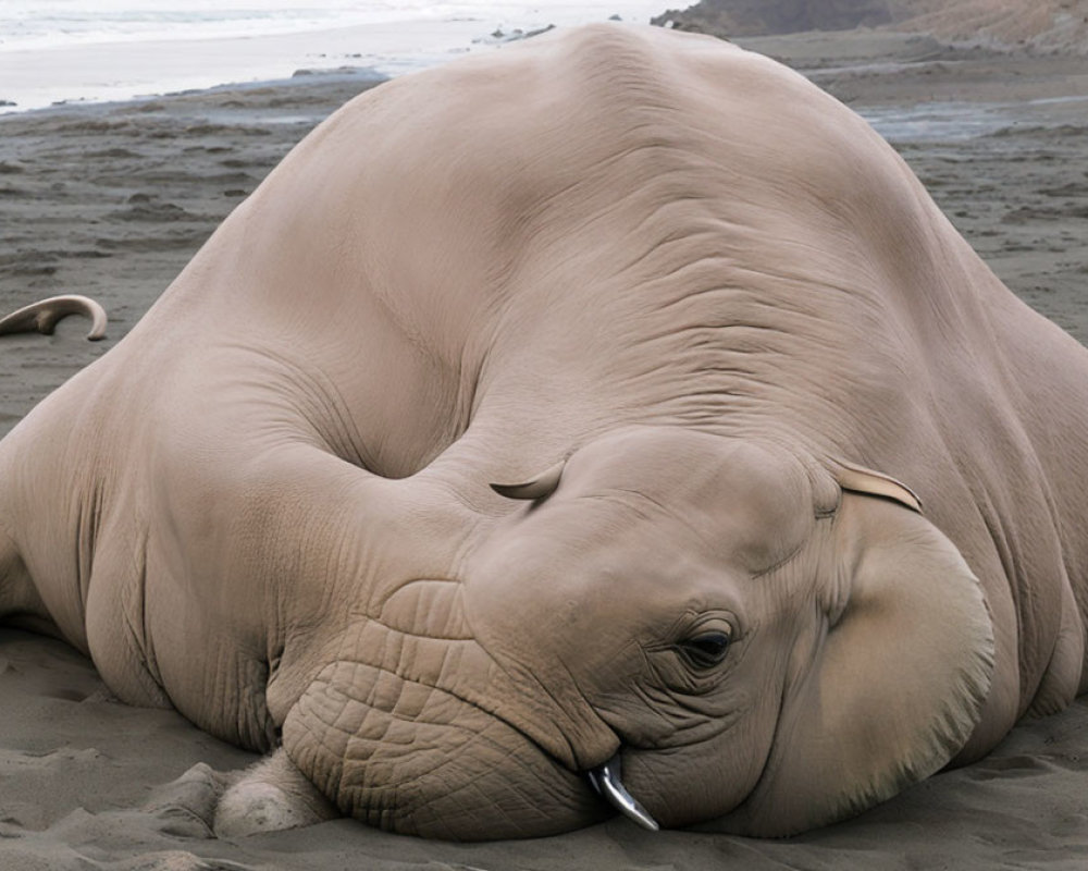 Elephant seal resting on sandy beach with closed eyes