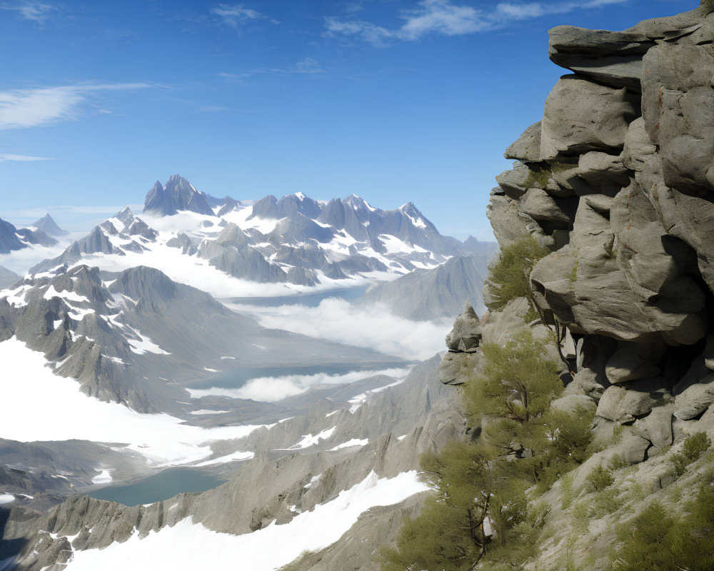 Panoramic Mountain Landscape with Jagged Peaks and Glacier Valley