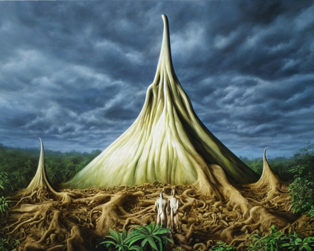 Surreal painting of dog with cone-shaped structures in stormy landscape