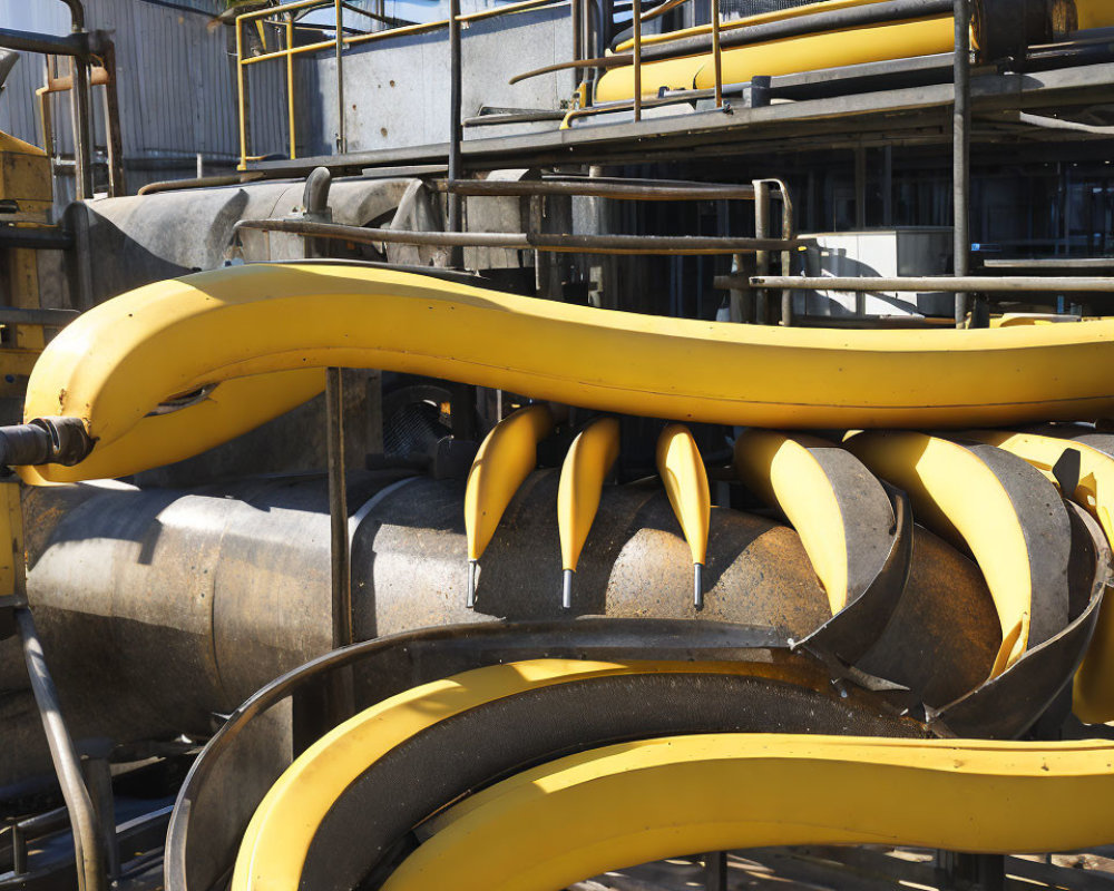 Yellow curved pipe sections at industrial site with metal structures.