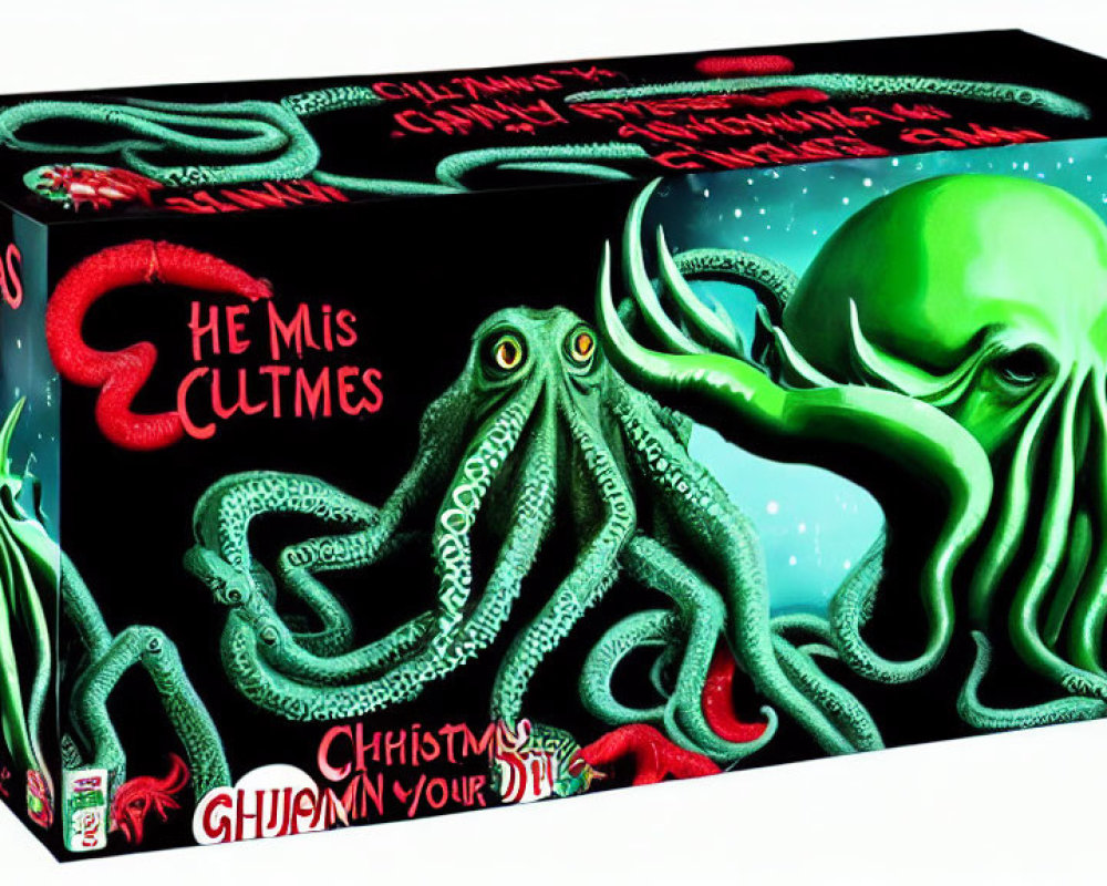 Colorful Box Illustration: Green Octopus Creature with Christmas Theme