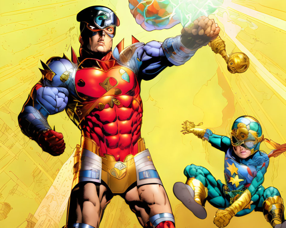 Vibrant superhero costumes with cosmic hammer and flying hero on explosive yellow backdrop