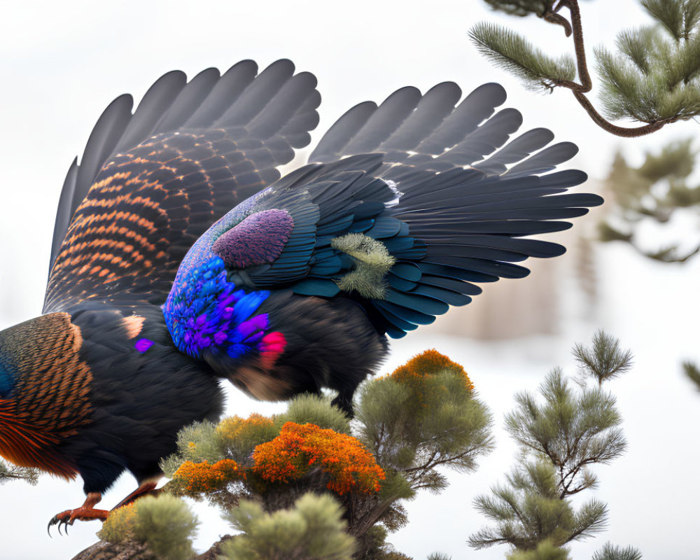 Colorful bird with elaborate plumage on snowy pine branch