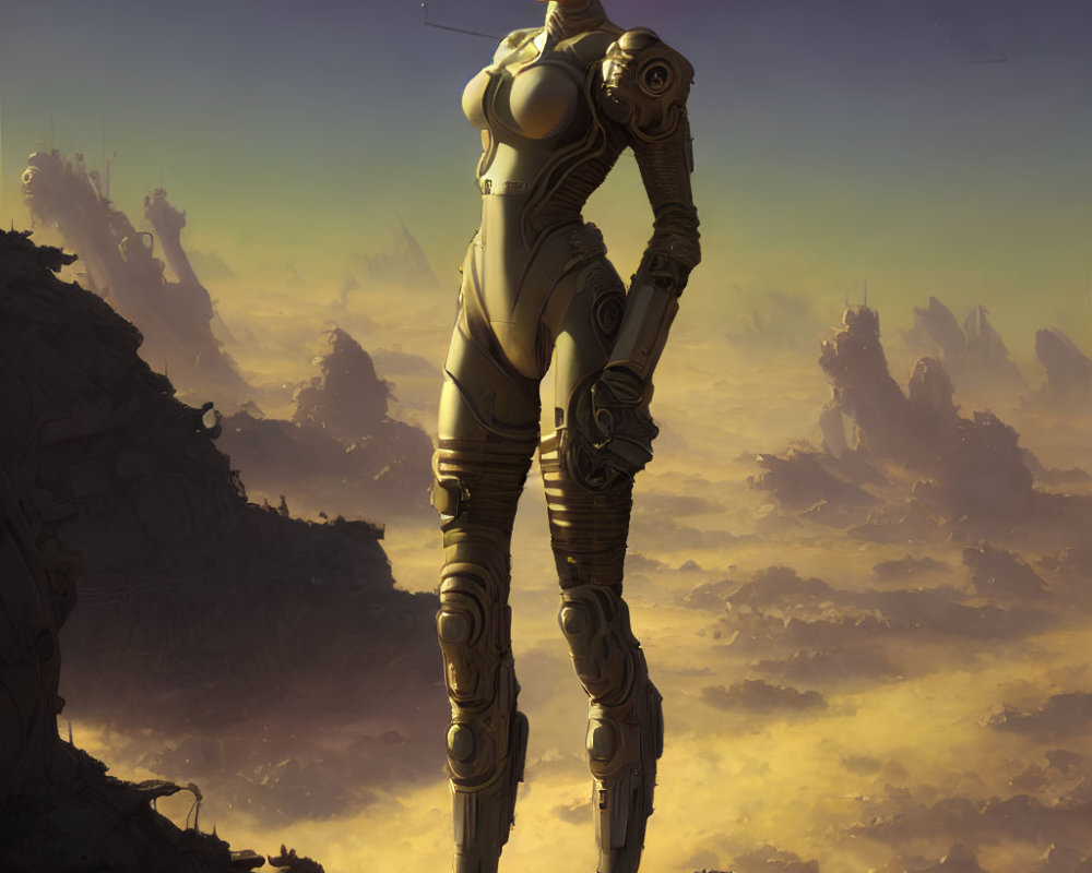 Female android in futuristic armor against towering rock formations and golden clouds.