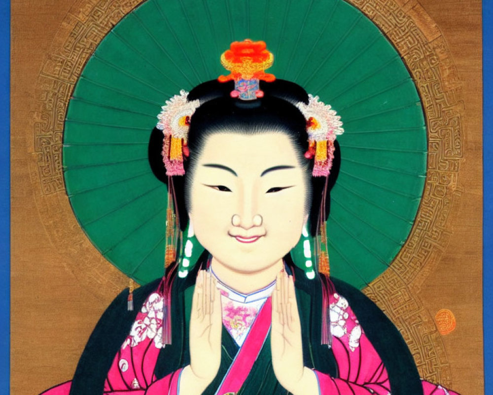 Traditional Asian painting: Woman in pink floral robe with ornate backdrop