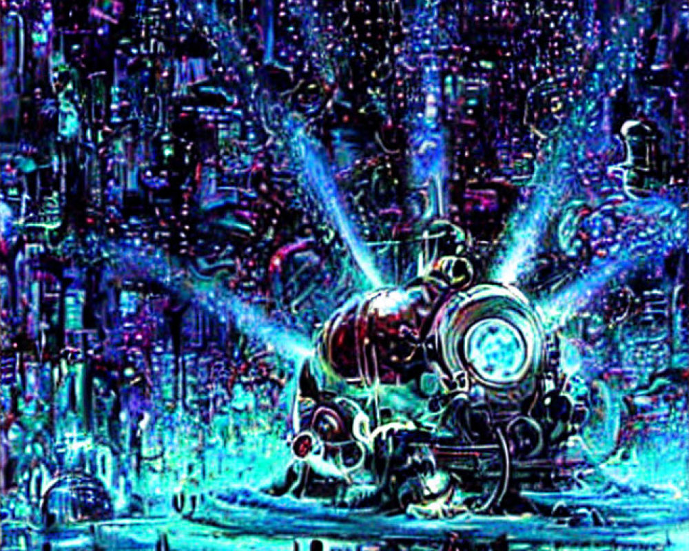 Colorful Psychedelic Steam Locomotive in Cityscape Night Scene