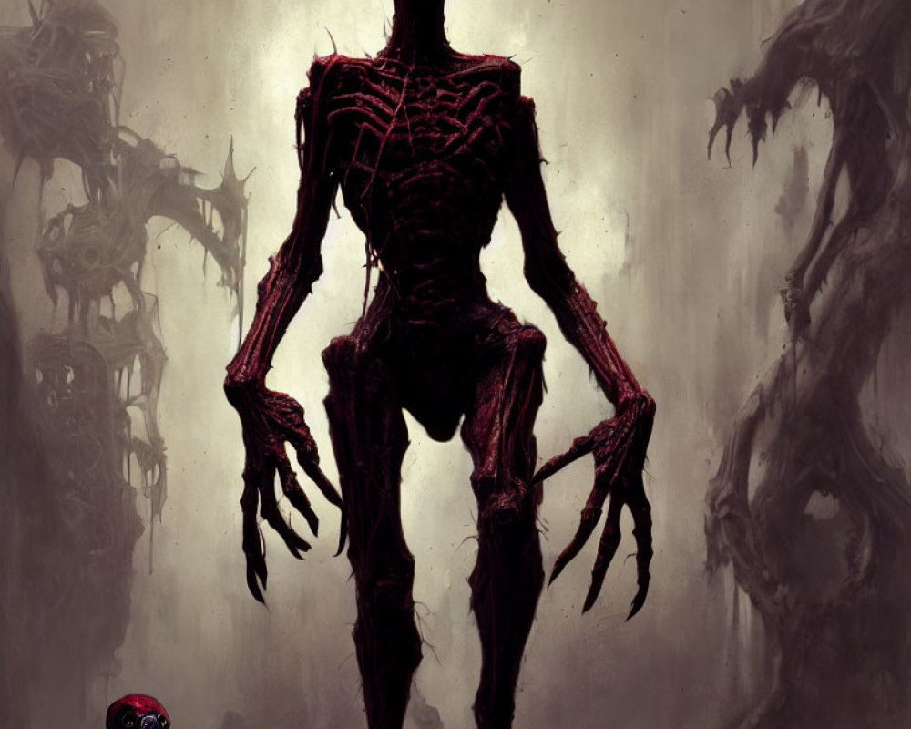 Sinister red-eyed skeletal creature in eerie setting