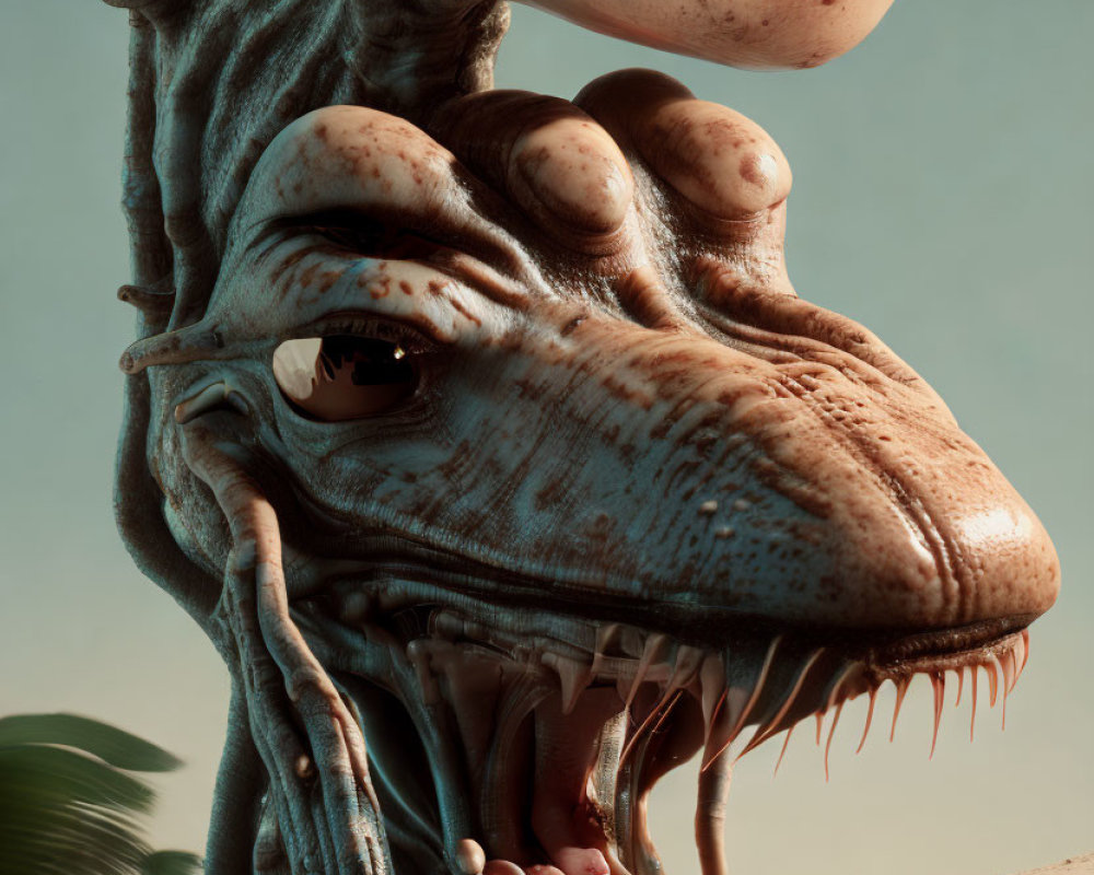 Detailed CGI fantasy reptilian creature with sharp teeth and multiple eyes against sky and palm trees.