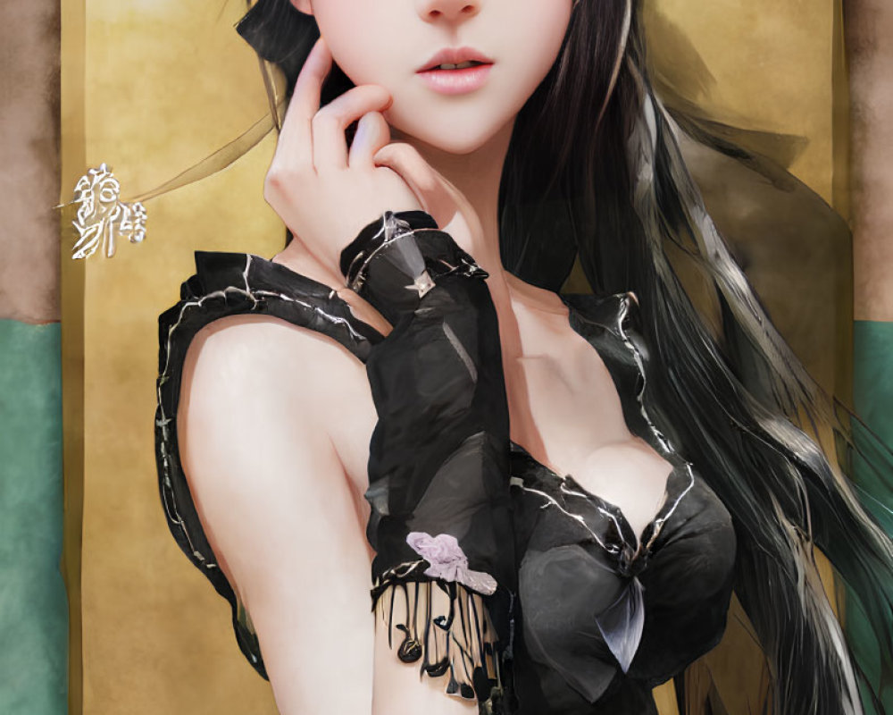 Digital artwork: Young woman with large eyes, long black hair, dark lace outfit