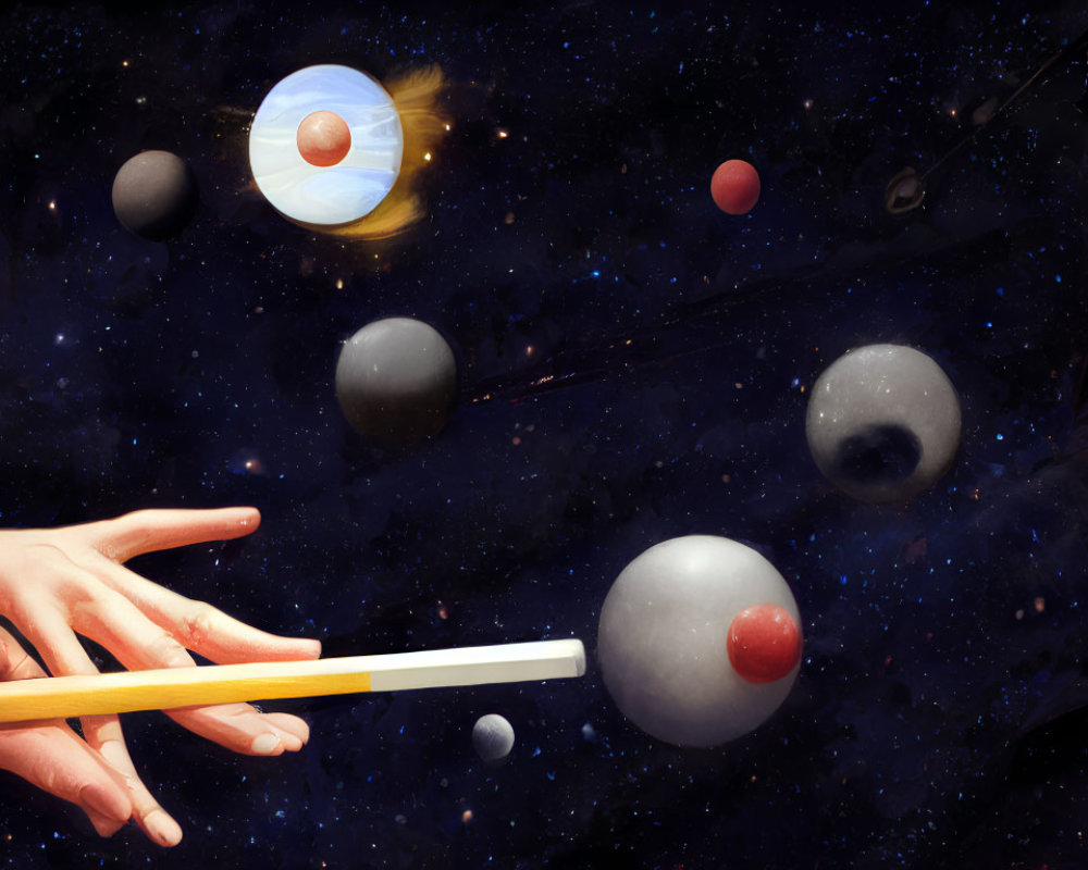 Digital illustration of person in dark attire conducting celestial bodies with a baton against starry backdrop