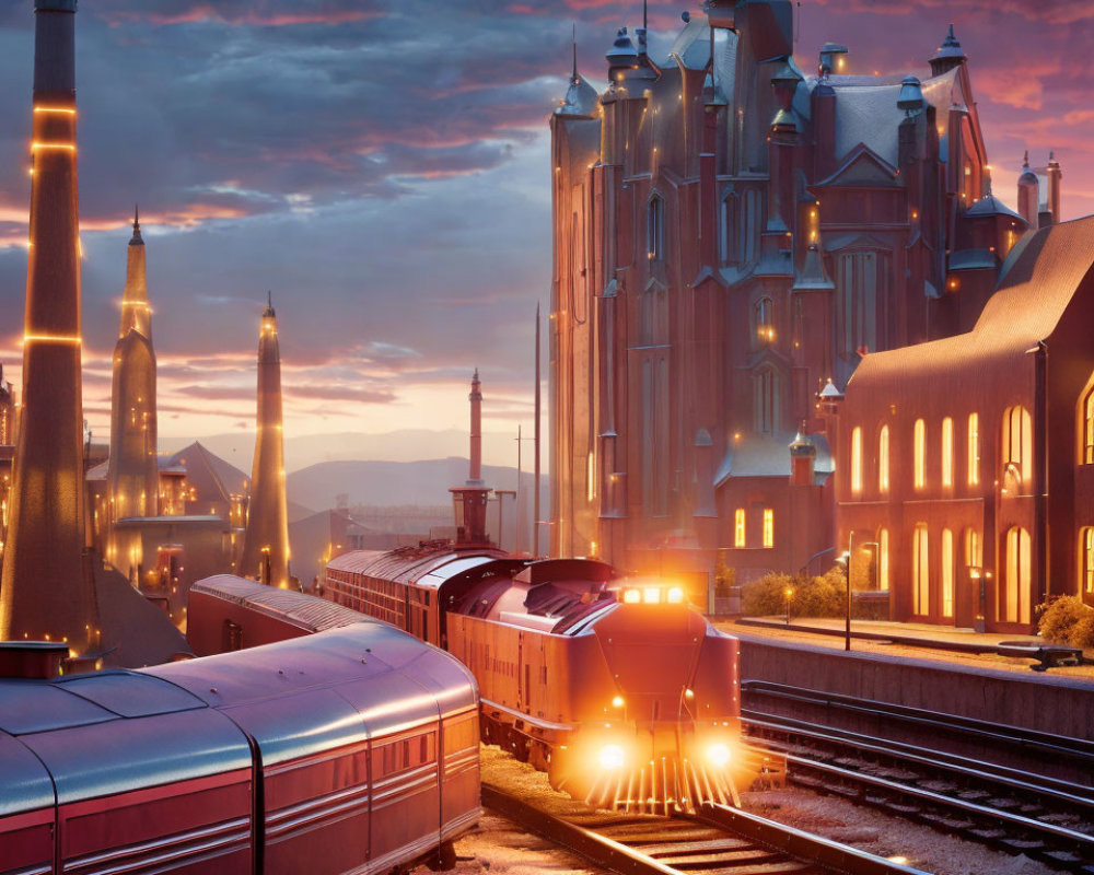 Twilight train with lights near industrial buildings