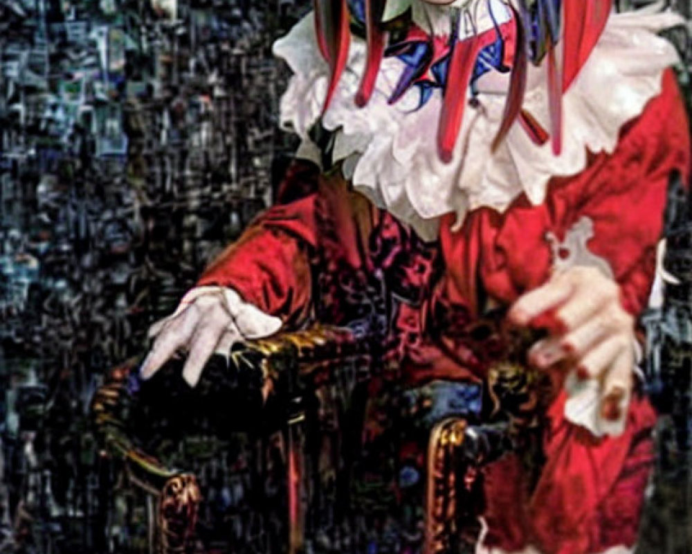 Colorful jester costume and makeup on person sitting in ornate chair against abstract background