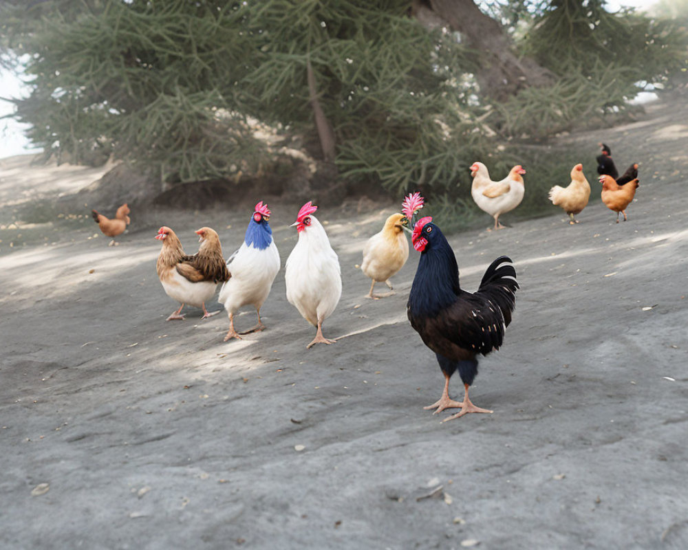 Flock of chickens with black rooster on dirt ground with trees