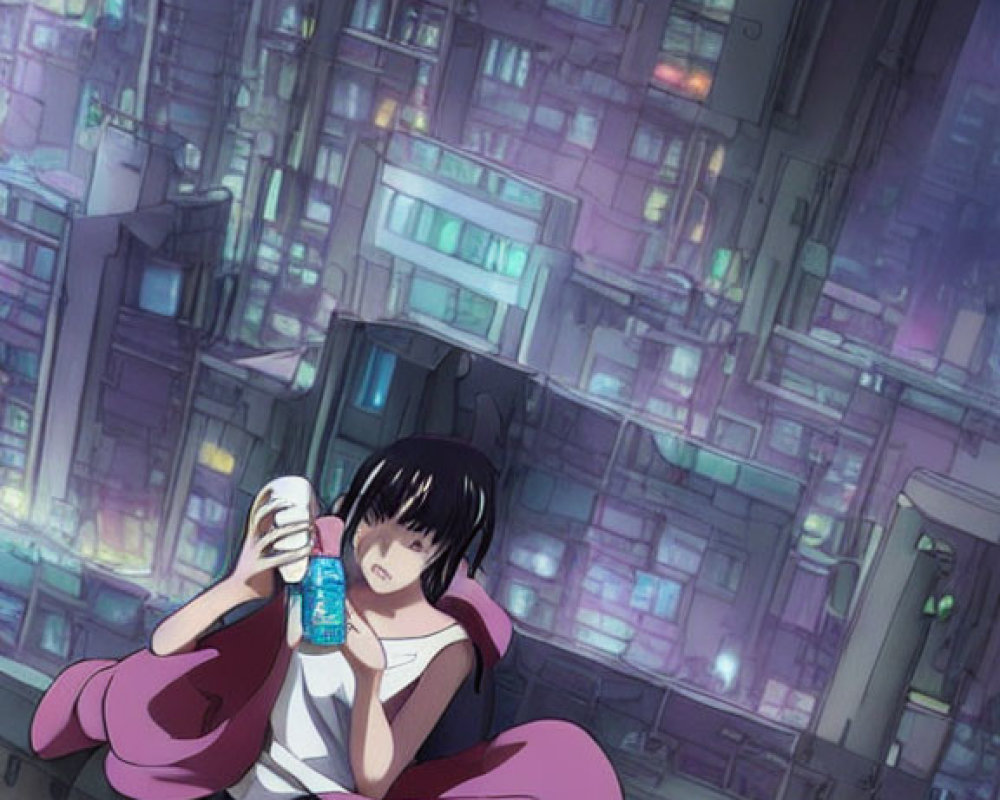 Young anime girl with glowing blue bottle in futuristic cityscape