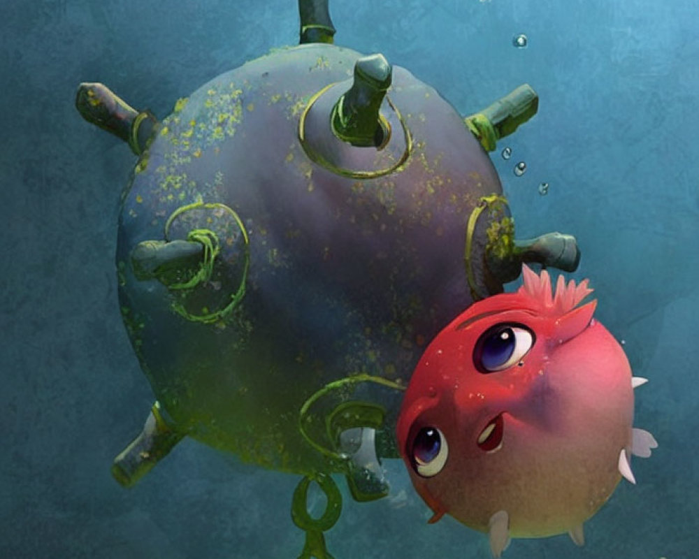 Red Cartoon Fish Observing Rusty Underwater Mine