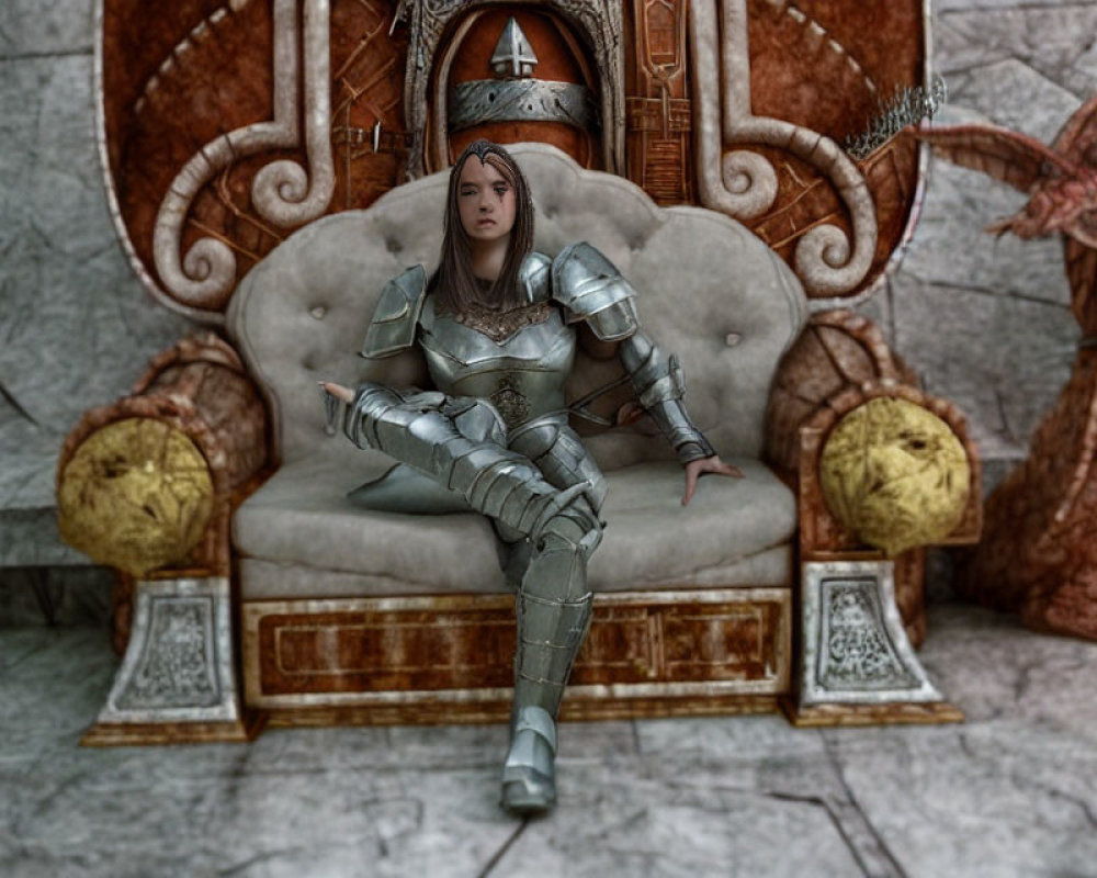 Digital artwork of female warrior in silver armor on dragon-themed throne