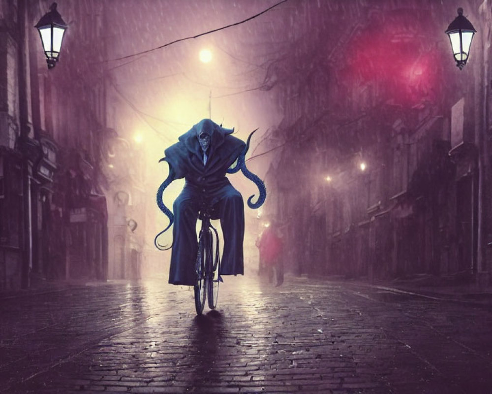 Surreal octopus in suit riding bicycle on misty cobblestone street