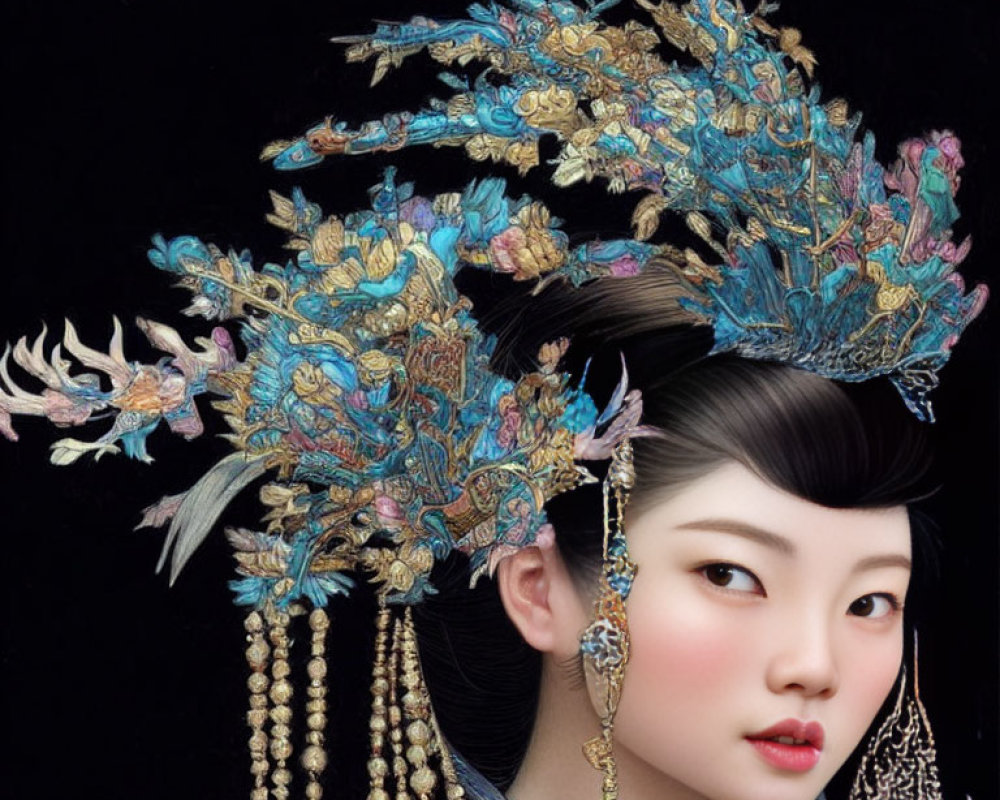 Traditional Chinese headdress with intricate patterns and feathers on dark background