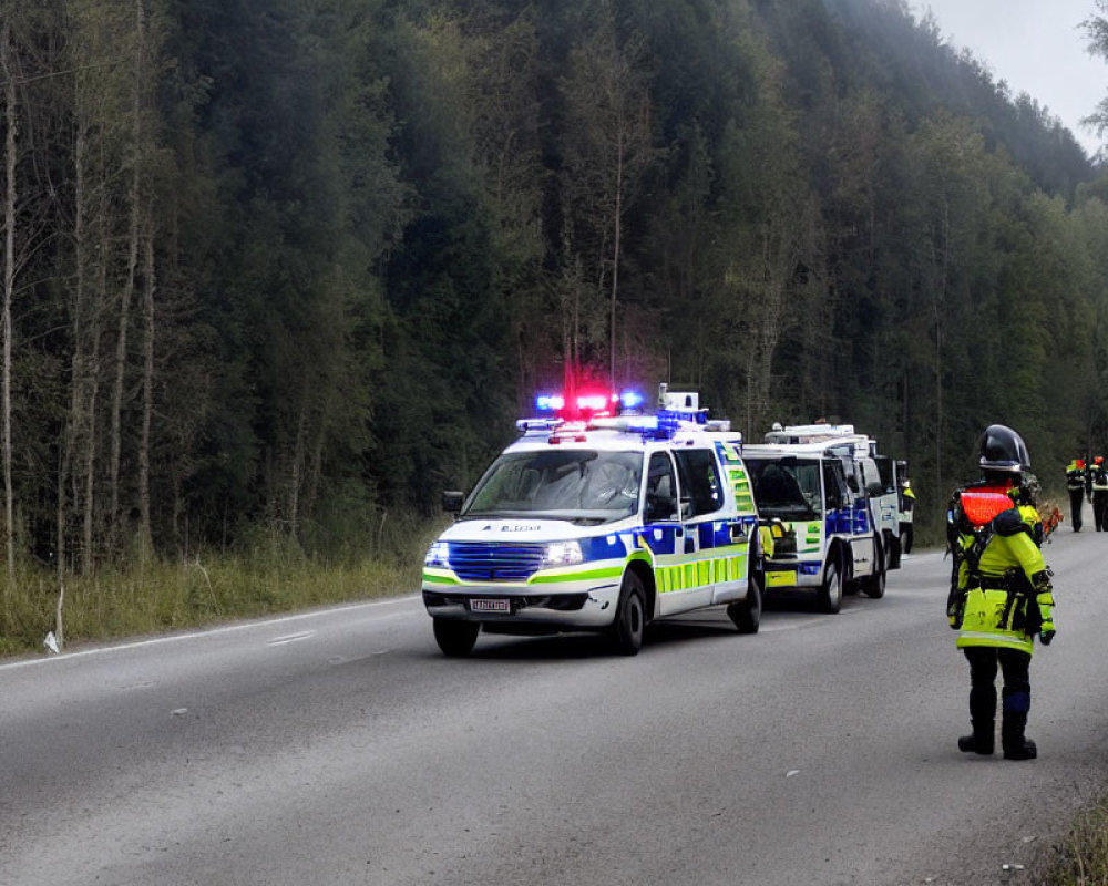 Police vehicles with flashing lights blocking road in forested area with officers nearby.