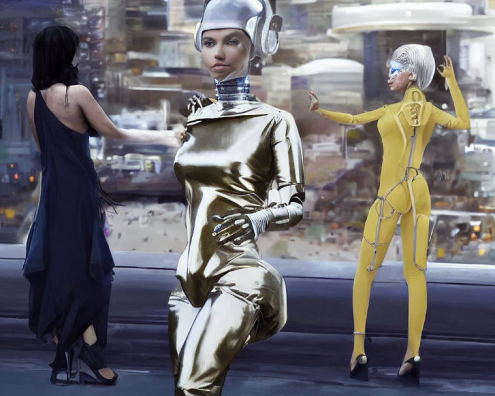 Futuristic image featuring three individuals in blue, shiny suit, and yellow with cityscape.