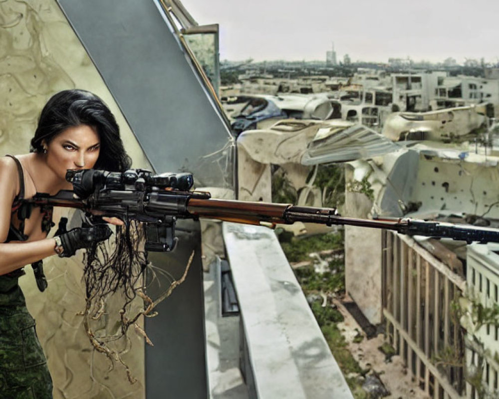 Female sniper in camo pants aiming rifle from high vantage point.